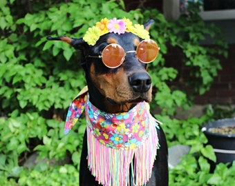 Hippy, Flower Power, disfraz de mascota de los años 70, disfraz de Halloween para perros