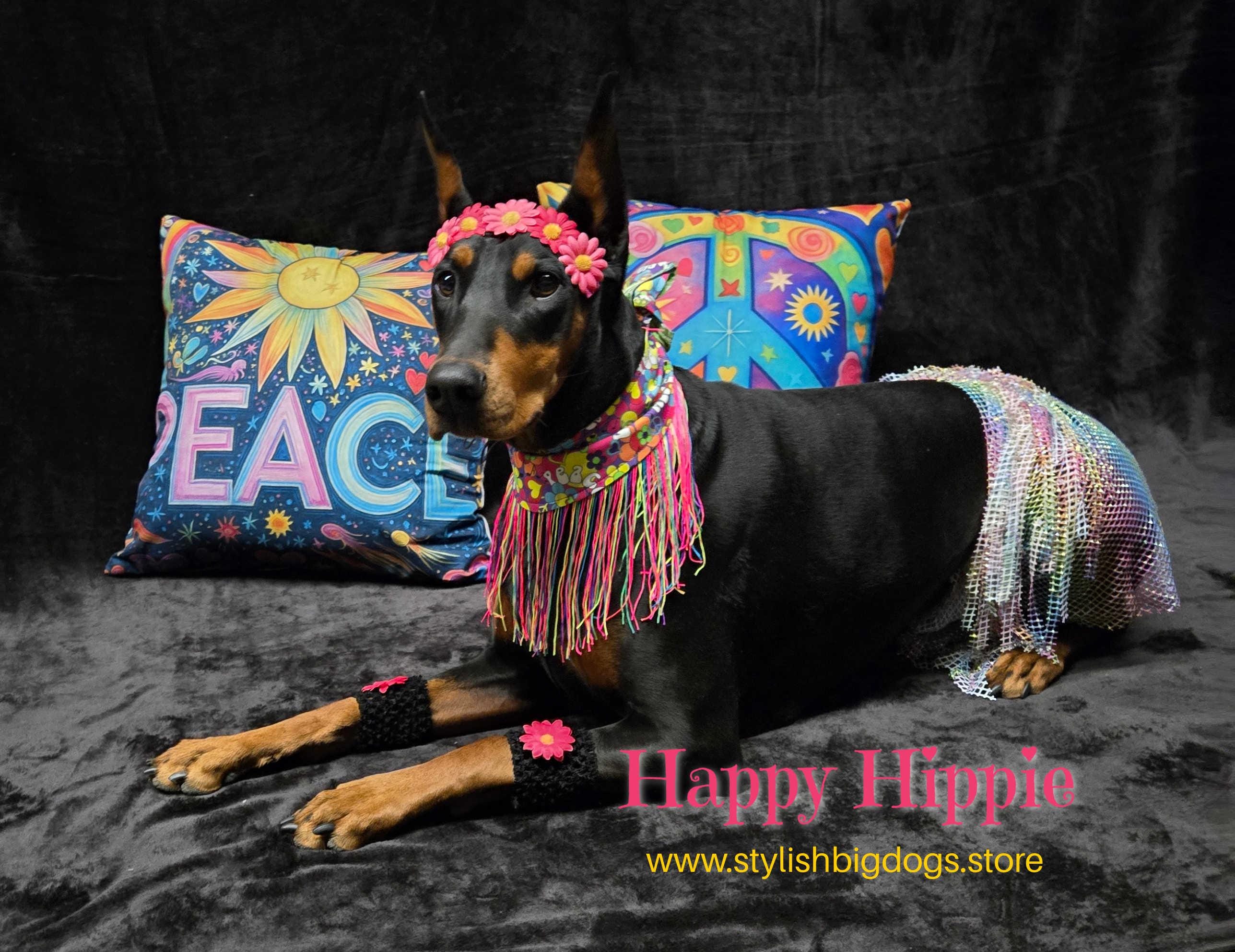 60's-70's Hippie Dog Costume, Flower Power Pet Outfit, Festival Apparel, Halloween Big Dog Costume, Retro, Peace & Love