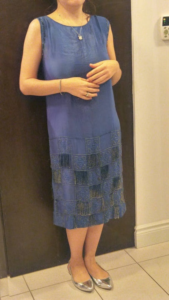 1920s Blue silk beaded dress