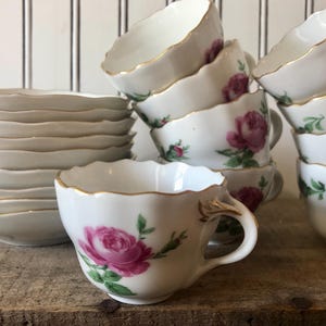 Vintage Porcelain Demitasse Set: Pink Roses, Gold Trim - Made in Germany (18 Pieces)