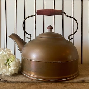 Vintage Revere Ware 1801 Tea Kettle with Red Wooden Handle - Vintage & Farmhouse Home Decor
