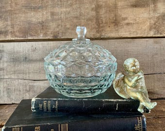 Vintage Clear Glass Cubist Candy Dish & Lid