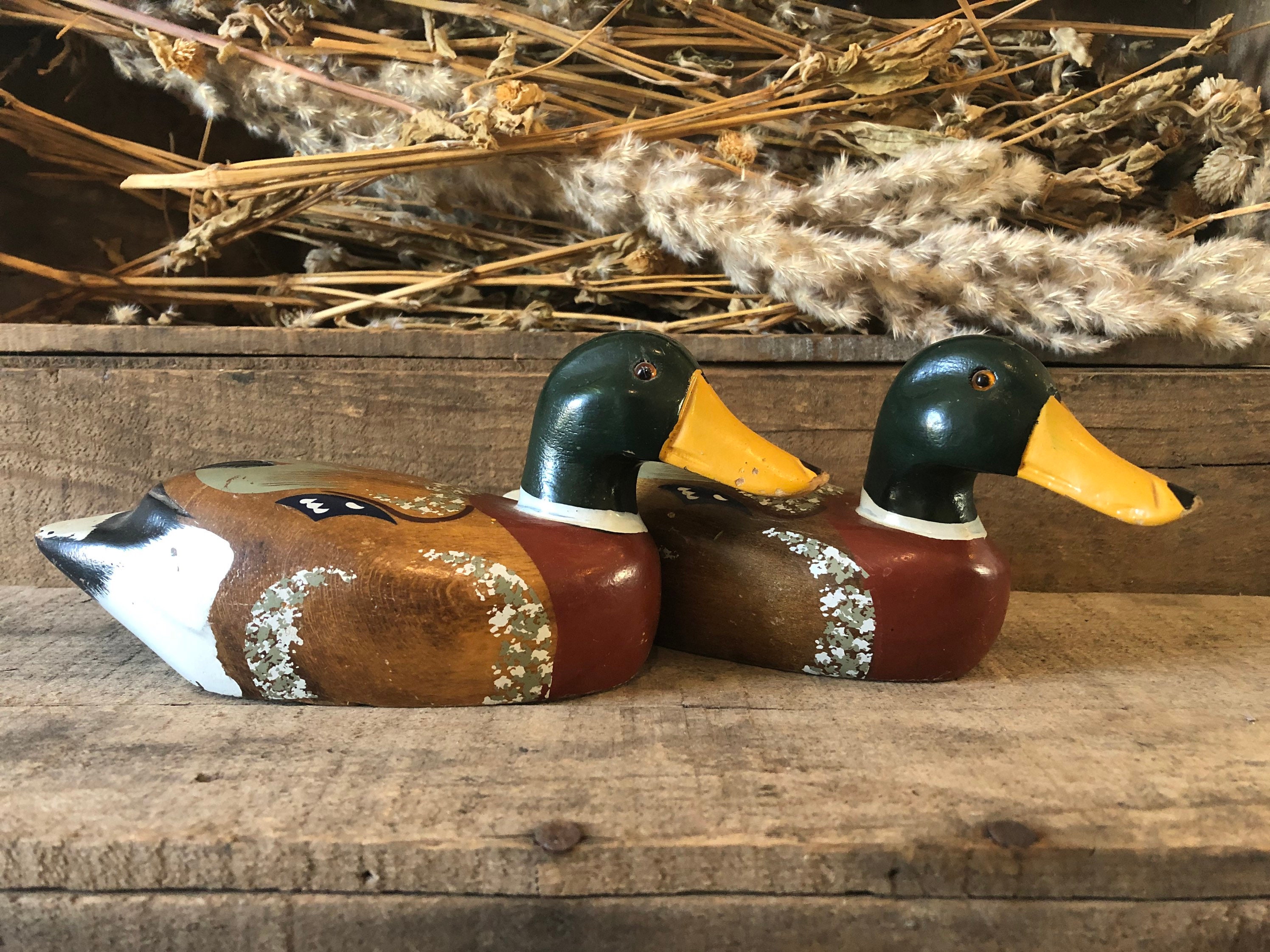 Pair of Carved Wooden Ducks with Brass Heads and Feet on Base