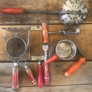 Vintage Red Handle Kitchen Gadget Collection: Display Props