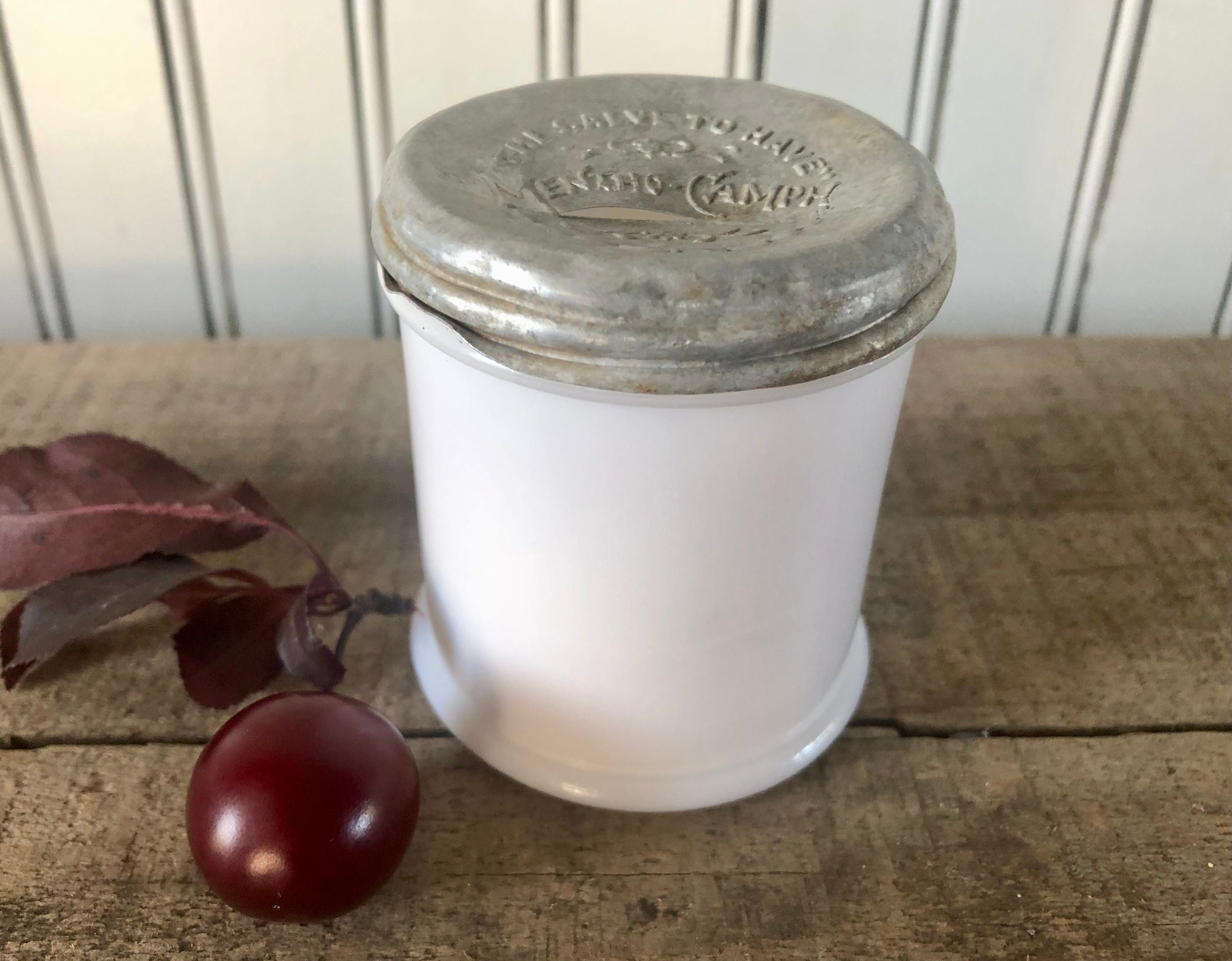 Vintage Milk Glass Jar With Metal Lid Mentho Camph Etsy