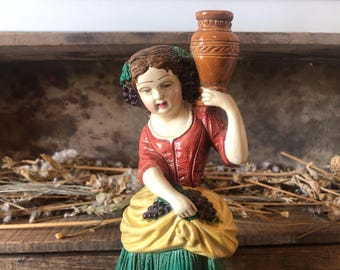 Vintage Borghese Chalkware Statuette - Barefoot Girl with Grapes - Italian Mid-Century Collectible