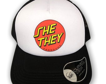 She/They Pronoun Trucker Cap - skater, queer