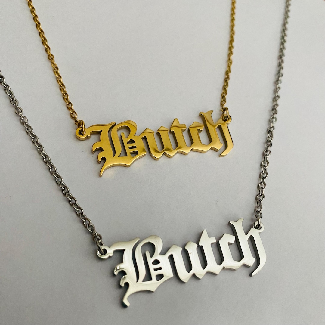 Butch In Gold Script BUTCH Pendant Cable Chain Necklace, 18k Gold Plated or Platinum Plated ...