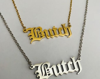 Collar de cadena tipo cable con colgante BUTCH, chapado en oro de 18 k o platino, acero inoxidable hipoalergénico - Orgullo Queer, LGBTQIA