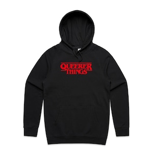 May include: Black hooded sweatshirt with a red graphic print that says "Queerer Things" in a font similar to the Netflix show "Stranger Things".