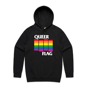 May include: Black hooded sweatshirt with a rainbow flag and the text "QUEER FLAG" in white.