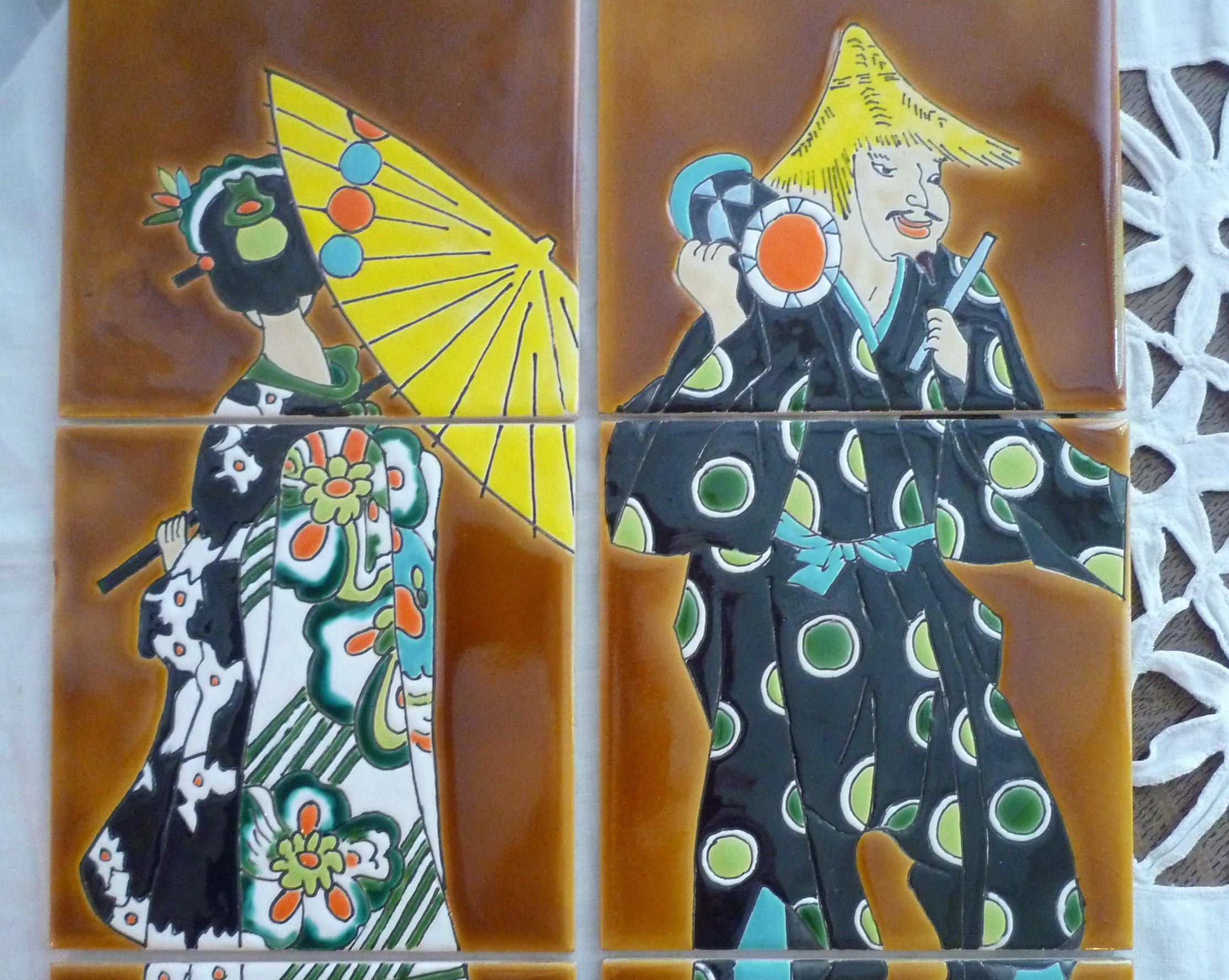Carreaux Faïence Scène Personnages Japonisant Vintage 1968 - Earthenware Tiles Scene Japanese Charac