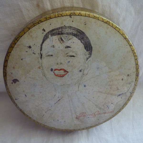 Ancienne boîte métal bonbon 1930 Pierrot Gourmand Paris - Old metal candy box 1930 Pierrot Gourmand Paris