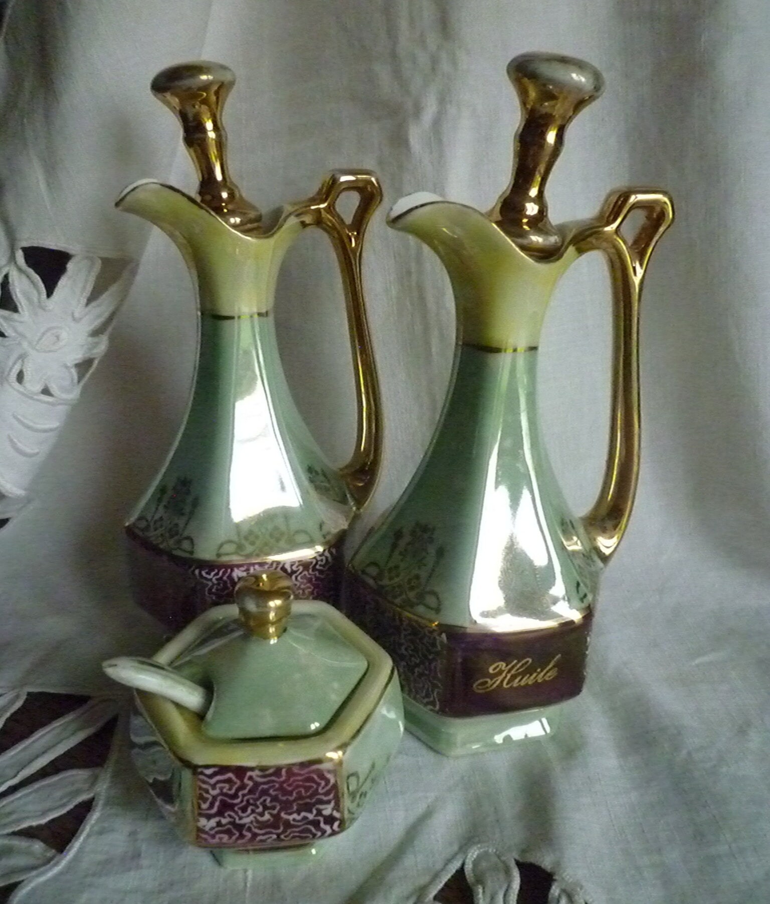 Huilier , Vinaigrier Moutardier Porcelaine Style Art Nouveau - Oil & Vinegar Cruet, Mustard Pot, Por