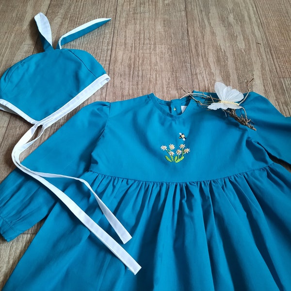 Robe fille brodée en coton, robe bleue, robe évasée fille, robe classique, girl embrodery dress