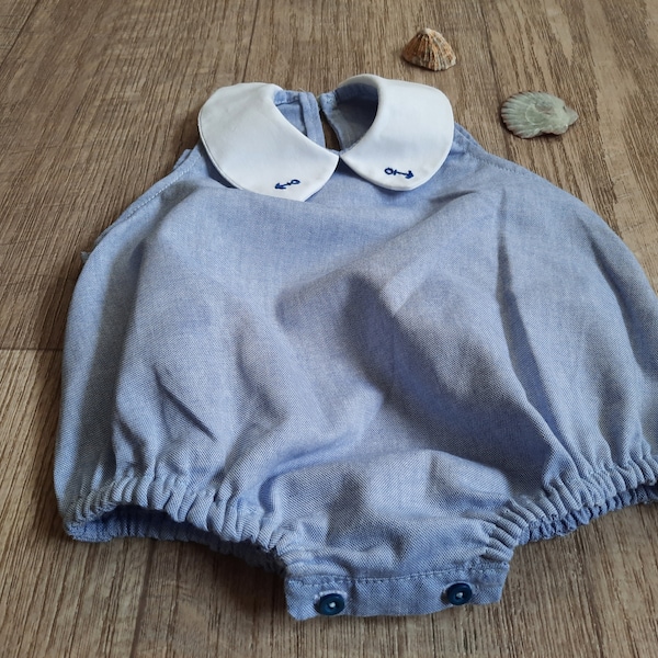 Barboteuse bébé brodée, barboteuse style marin, barboteurse en coton denim, baby romper