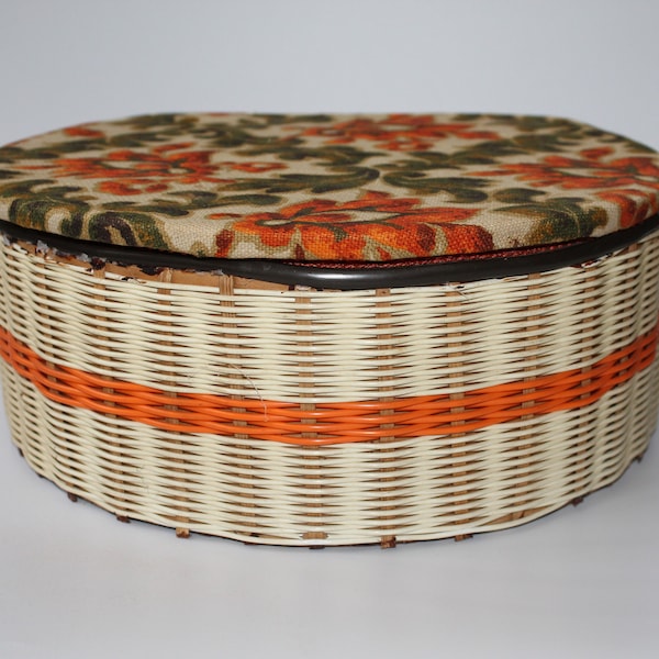 Vintage Woven Sewing Basket with Fabric Covered Lid - 1960s/ 1970s