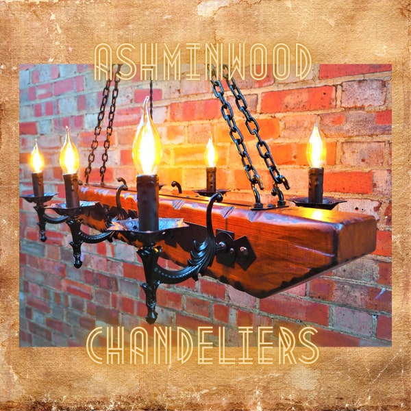 Wooden Chandelier 6 candle lights - Wood Chandelier - Ceiling Lights - Medieval Lighting - Beam Chandelier - Metal Chain  - Knight's Castle