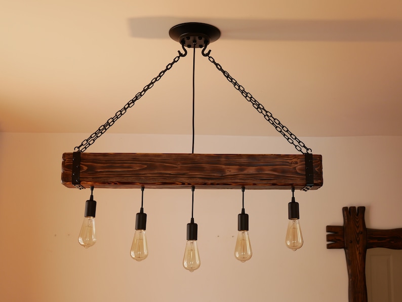 Wooden Chandelier - Beam rustic Chandelier - Industrial Lighting - Bar Restaurant Chandelier - Reclaimed Wood Beam - Edison Bulb Ceiling image 6