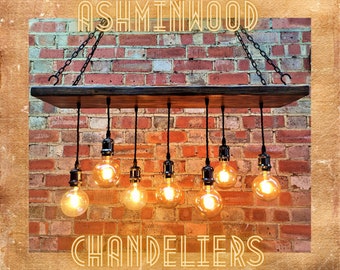 Wood Chandelier 7 Pendant Lights Industrial Wooden Light Fixture Farmhouse Lighting Vintage Ceiling Lamp