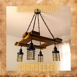 Rustic Chandelier - Hanging Light Fixture - Wood Chandelier - Farmhouse Lights - Industrial Style Lighting - Bar Restaurant Chandelier