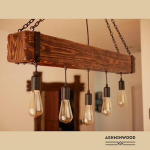 Wooden Chandelier - Beam rustic Chandelier - Industrial Lighting - Bar Restaurant Chandelier - Reclaimed Wood Beam - Edison Bulb Ceiling image 1
