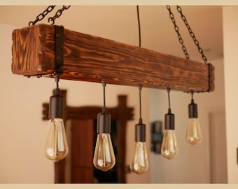 Wooden Chandelier - Beam rustic Chandelier - Industrial Lighting  - Bar Restaurant Chandelier -  Reclaimed Wood Beam - Edison Bulb Ceiling