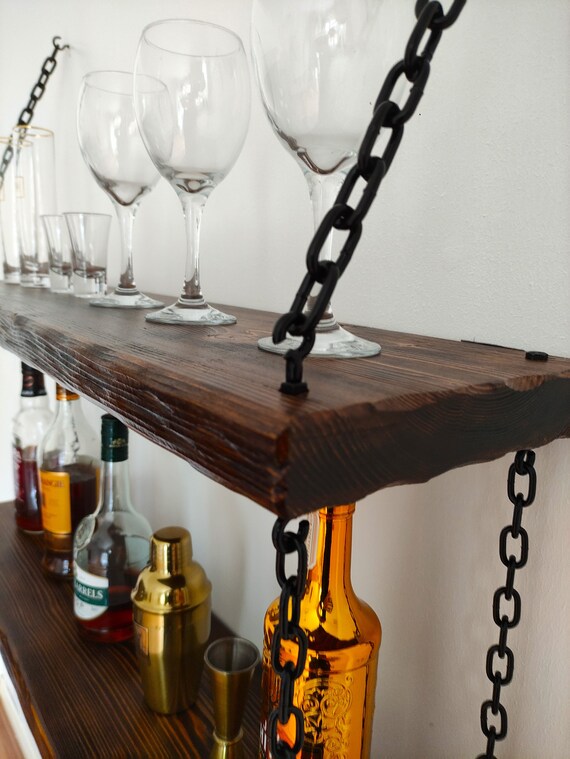 Mensola Da Parete Industriale Per Bar Con Portabottiglie E Portabicchieri – 4 Ripiani In Legno E Tubi Neri – 106,7 Cm - 6