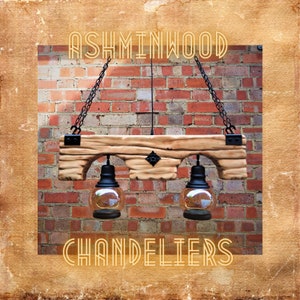 Wood Beam Chandelier- Lights - 2 Pendant Metal Glass Shade Wooden Chandelier Rustic Farmhouse Hanging Lamp Indoor Lighting Ceiling Lights