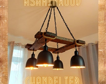 Rustic Chandelier - Hanging Light Fixture - Wood Chandelier - Farmhouse Lights - Industrial Style Lighting - Bar Restaurant Chandelier