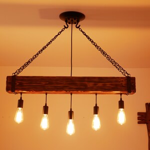 Wooden Chandelier - Beam rustic Chandelier - Industrial Lighting - Bar Restaurant Chandelier - Reclaimed Wood Beam - Edison Bulb Ceiling image 3
