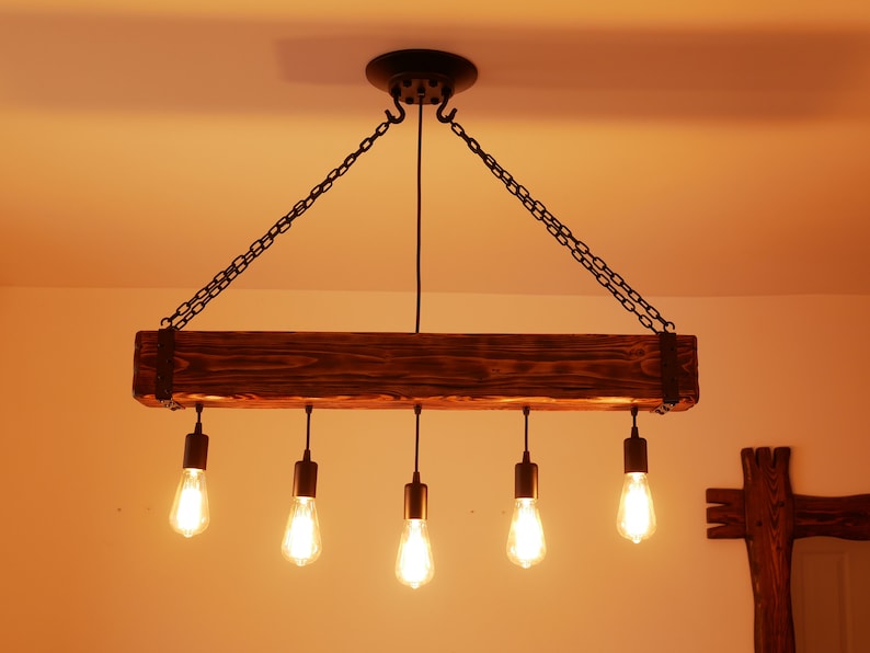 Wooden Chandelier - Beam rustic Chandelier - Industrial Lighting - Bar Restaurant Chandelier - Reclaimed Wood Beam - Edison Bulb Ceiling image 3