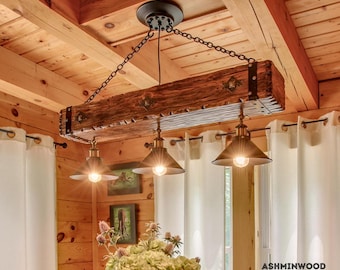 Rustic Wooden Chandelier - Handmade Dining Room Lighting – Farmhouse Kitchen Light Fixture