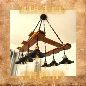 May include: A rustic wooden chandelier with six black metal light fixtures and clear glass bulbs. The chandelier is suspended from the ceiling by a chain and has a rope detail on the frame. The text "ASHMINWOOD CHANDELIER" is displayed on the image.