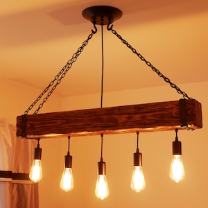 Wooden Chandelier - Beam rustic Chandelier - Industrial Lighting - Bar Restaurant Chandelier - Reclaimed Wood Beam - Edison Bulb Ceiling image 5