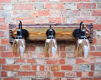 Wall Lights 3 Amber Glass Shade Wall Lighting Vintage Lamp Retro Sconce Handmade Wood Wall Lights