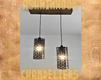 Lámpara colgante de madera de granja/iluminación de estilo rústico/candelabro de madera/2 luces colgantes/candelabro de cocina/iluminación de bar