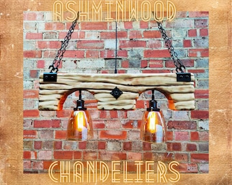Wood Beam Chandelier- Lights - 2 Pendant Glass Shade Wooden Chandelier Rustic Farmhouse  Hanging Lamp Indoor Lighting Ceiling Lights