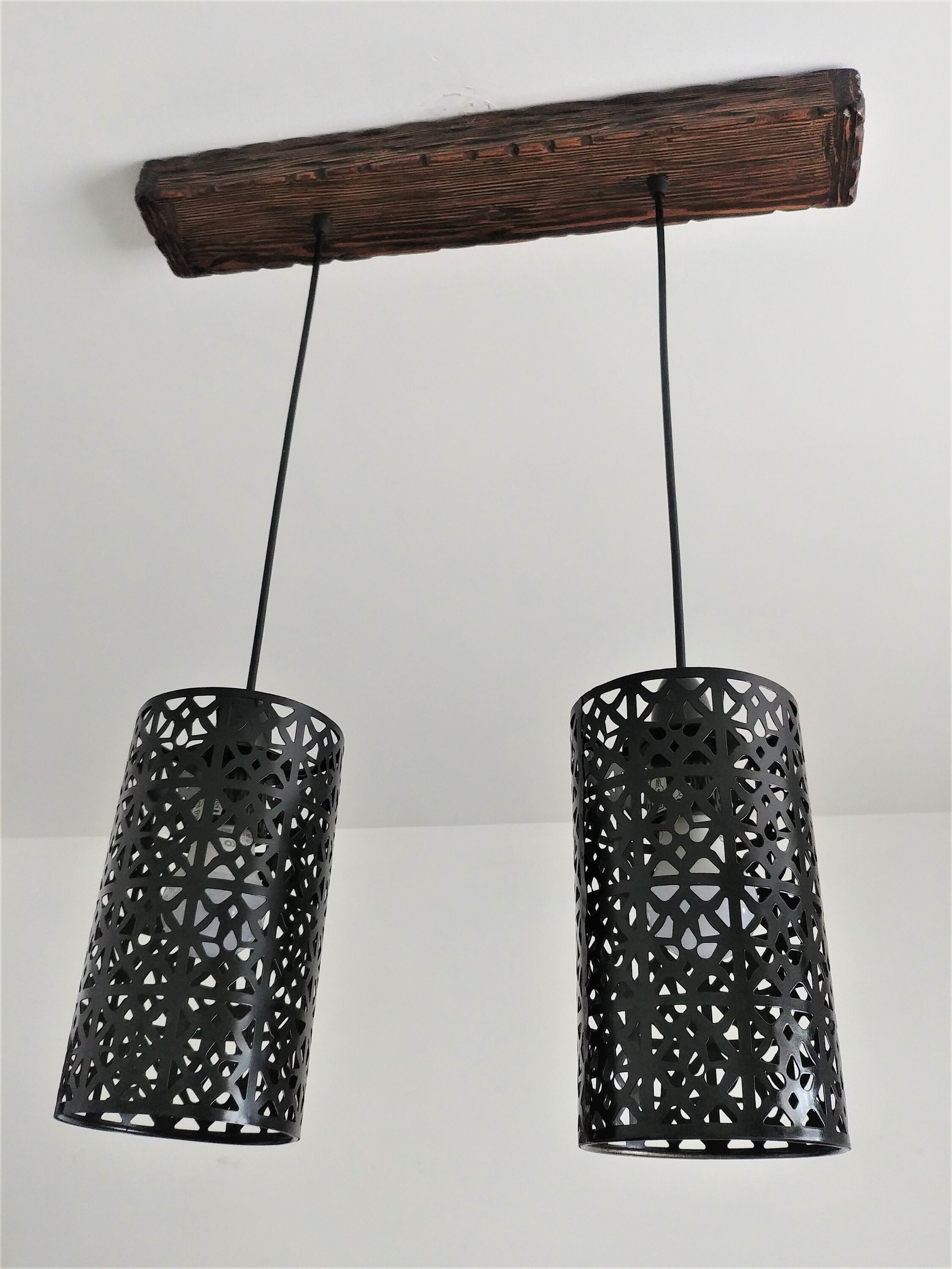 Rustic Farmhouse Pendant Light Adjustable Metal And Wood Blue Gray by ShipItFurniture main image 1