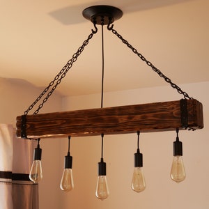 Wooden Chandelier - Beam rustic Chandelier - Industrial Lighting - Bar Restaurant Chandelier - Reclaimed Wood Beam - Edison Bulb Ceiling image 7
