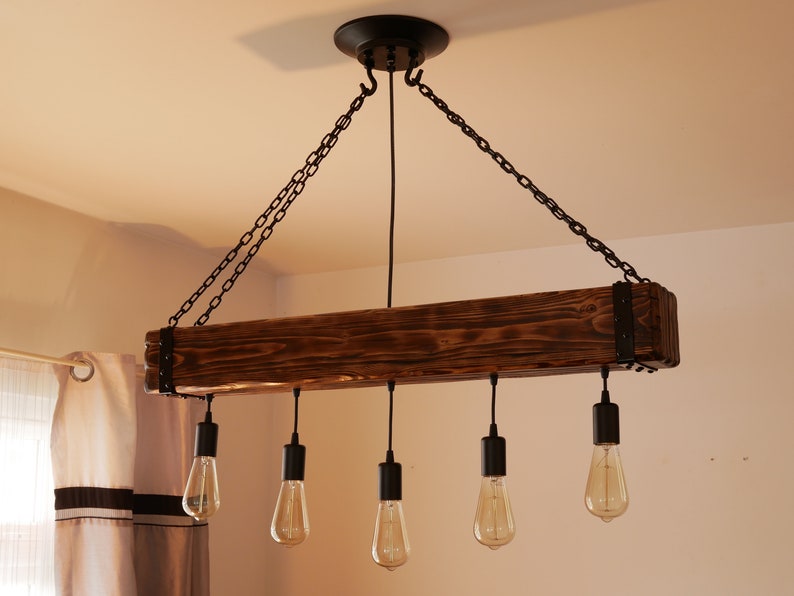 Wooden Chandelier - Beam rustic Chandelier - Industrial Lighting - Bar Restaurant Chandelier - Reclaimed Wood Beam - Edison Bulb Ceiling image 7