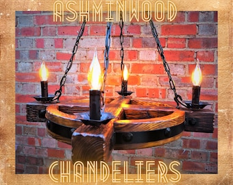 Wooden Chandelier - Celtic Cross - Pendant Light 4 candles - Wood Beam Chandelier - Handmade Lamp