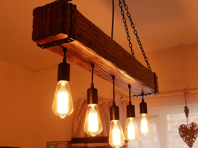 Wooden Chandelier - Beam rustic Chandelier - Industrial Lighting - Bar Restaurant Chandelier - Reclaimed Wood Beam - Edison Bulb Ceiling image 4
