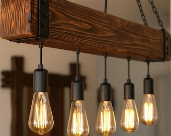 Lightweight Wooden Beam Chandelier, Rustic 5-Light Pendant Light, Farmhouse Kitchen Island Lighting, Handmade Dining Room Lamp