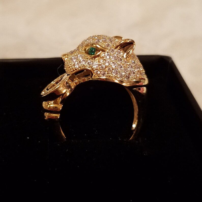 Gatsby 18k Yellow Gold Plated Panther Ring w White Sapphire /& Emerald Quartz Gemstones Ring Size 8