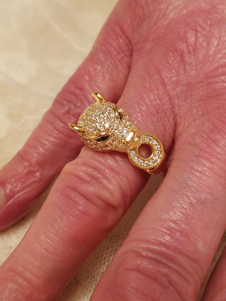 Gatsby 18k Yellow Gold Plated Panther Ring w White Sapphire /& Emerald Quartz Gemstones Ring Size 8