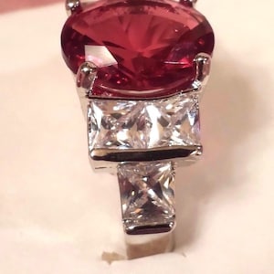 Sterling Silver Garnet & White Topaz Three Stone Ring Size 6 - Oval Halo Friendship Style Ring - View #6
