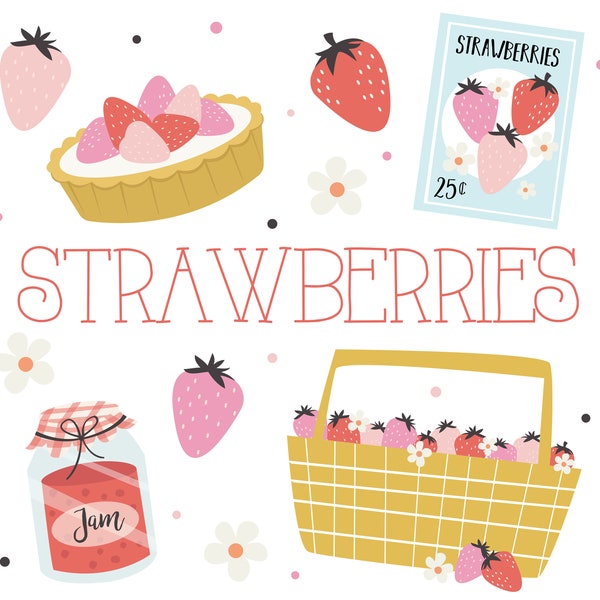 Strawberries Clipart / Strawberry / Summertime / Strawberry Picnic / Digital Download / Dessert / Strawberry Graphics