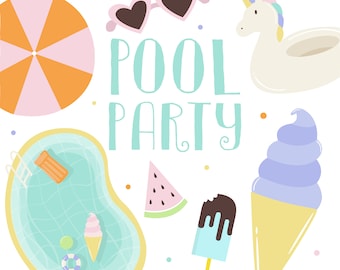 Pool Party Clip Art / Summer Clip Art / Summer Party / Digital Download / Swimming / Pool Toys / Unicorn Pool Float