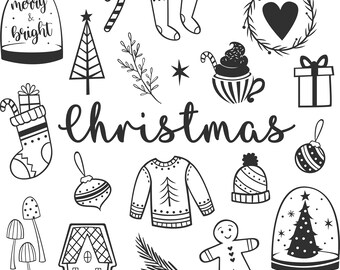 Christmas Doodles Clipart / Christmas Graphics / Cozy /  Holiday Clipart / Digital Download / Christmas Trees / Holiday Art / Christmastime